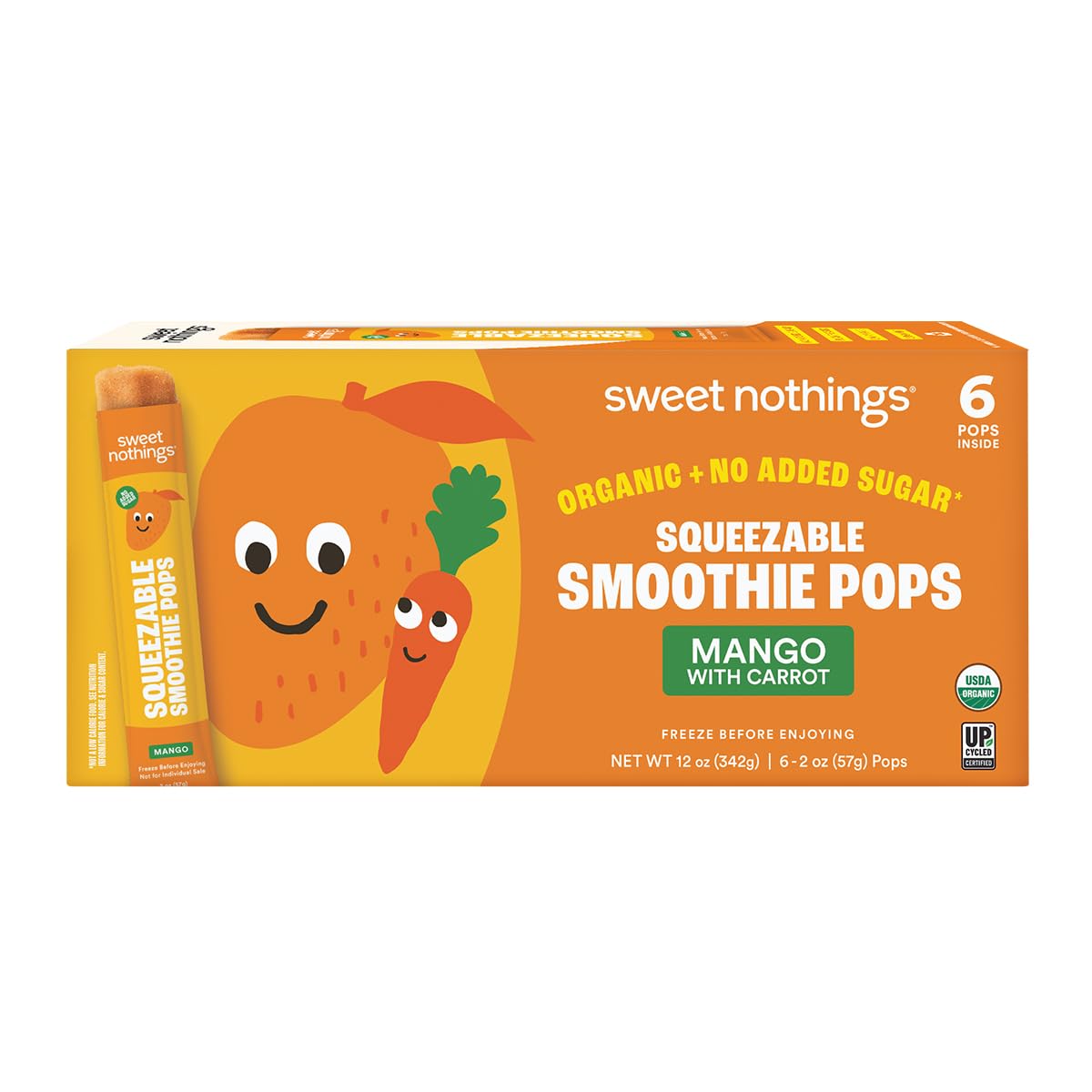 Sweet Nothings, Mango, USDA Organic Kids' Squeezable Super Fruit Smoothie Pops, Pack of 6 - Dye-Free, No Added Sugar, Dairy-Free, Vegan, Healthy