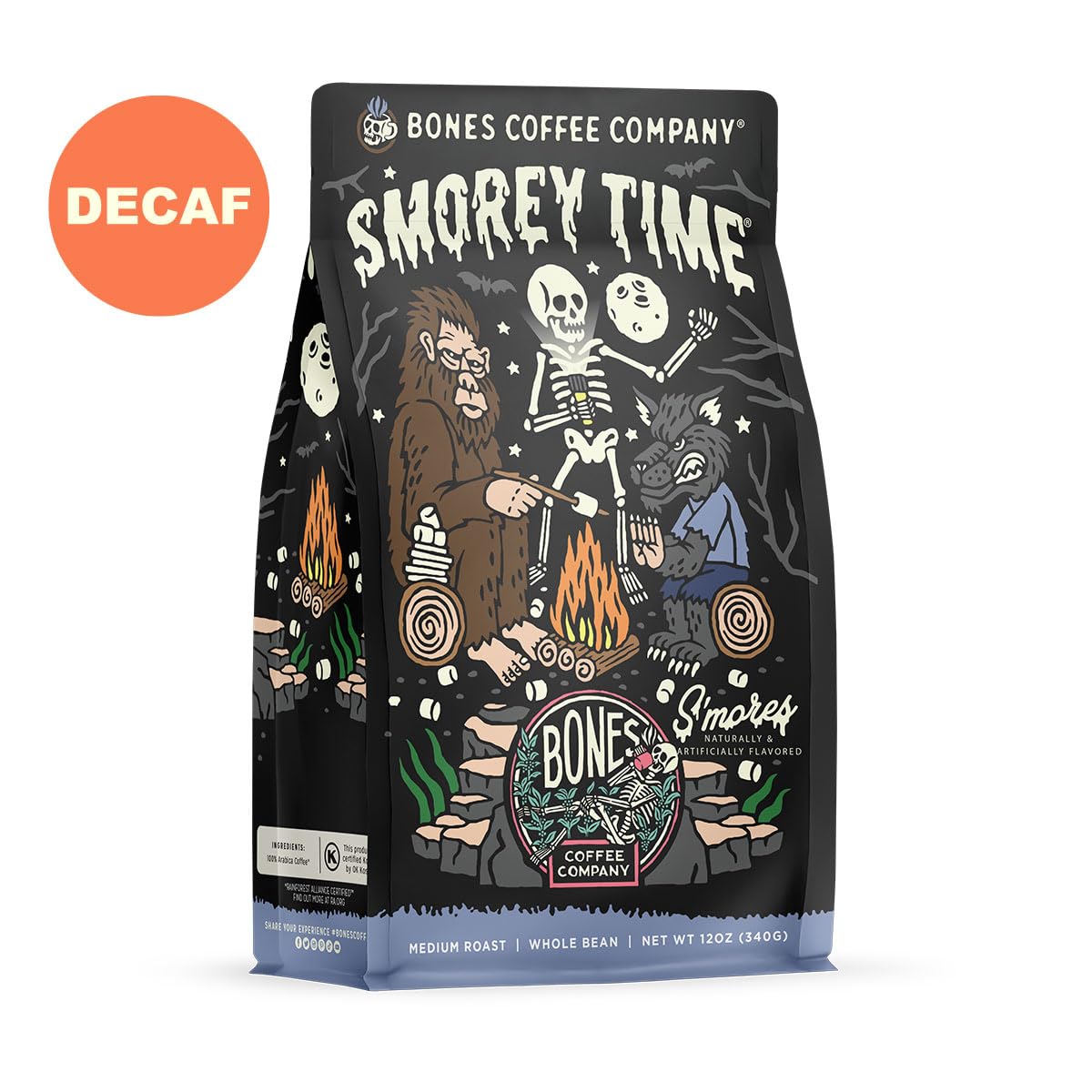 Bones Coffee Company Decaf S'morey Time, S'mores and Graham Crackers Decaffeinated Flavored Coffee, Medium Roast Low Acid Arabica Beans For Auto drip