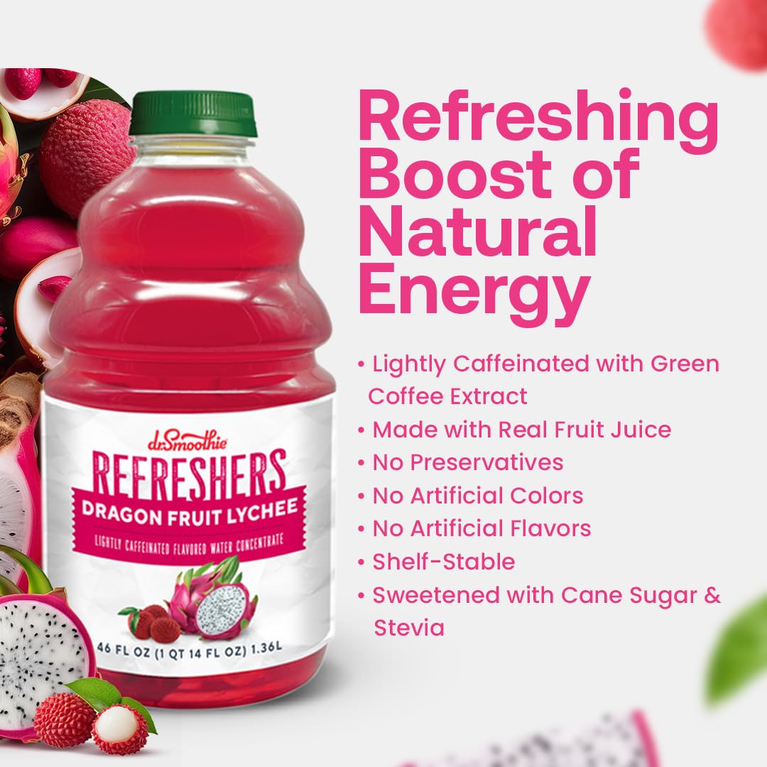 Dr. Smoothie Refreshers Dragon Fruit Lychee - Made with Real Fruit Juice - Drink Concentrate, No Artificial Colors, Shelf-Stable - Lightly Caffeinated