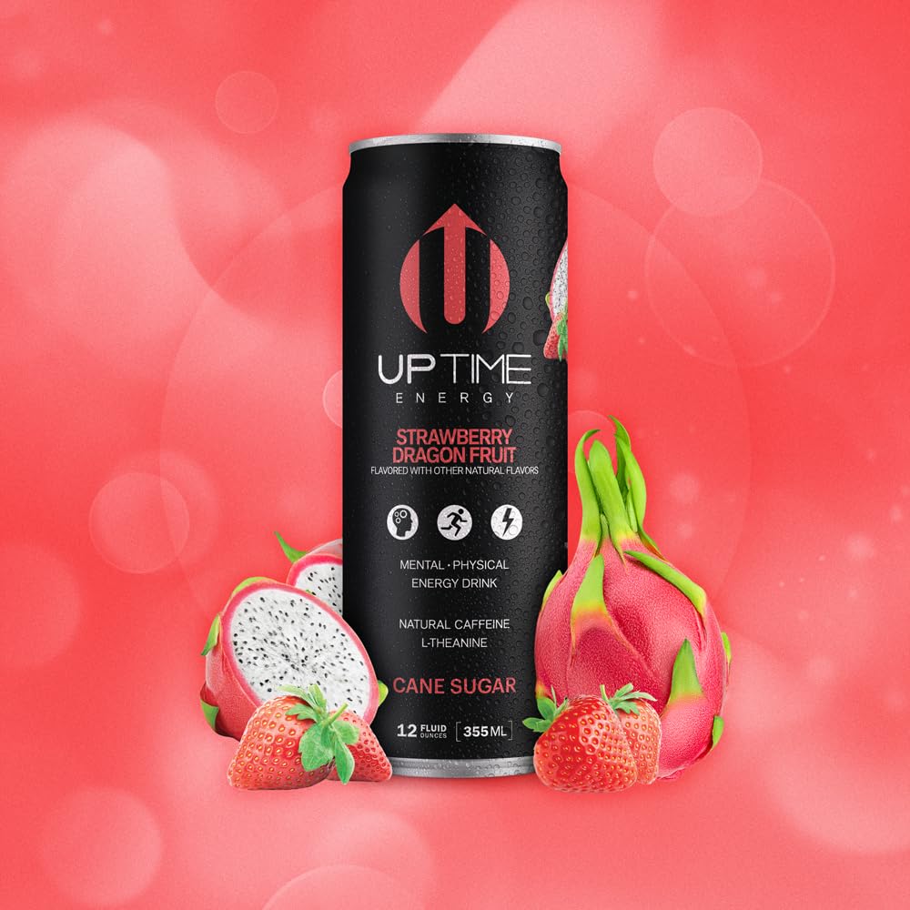 UPTIME Energy Drink, Strawberry Dragon Fruit Cane Sugar, 12 Pack, Vitamin C, L Theanine, Calcium, Energy Drinks for Focus Support, 142mg of Natural