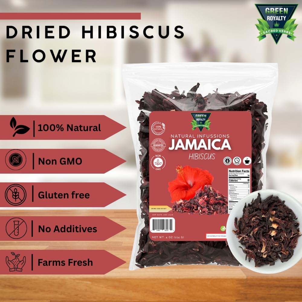 Green Royalty Jamaica (Hibiscus) 4 oz - 100% Natural Dried Hibiscus Flowers - Non-GMO, Gluten-Free, Caffeine-Free Herbal Infusion - Perfect for Hot or
