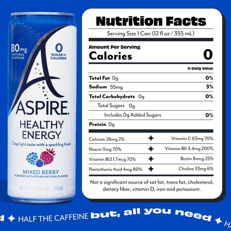 ASPIRE® Mixed Berry, Healthy Energy Drink 80mg Natural Caffeine, Zero Sugar No Carbs Keto Friendly, 24 Pack Green Tea Sugar Free Drink Low Caffeine