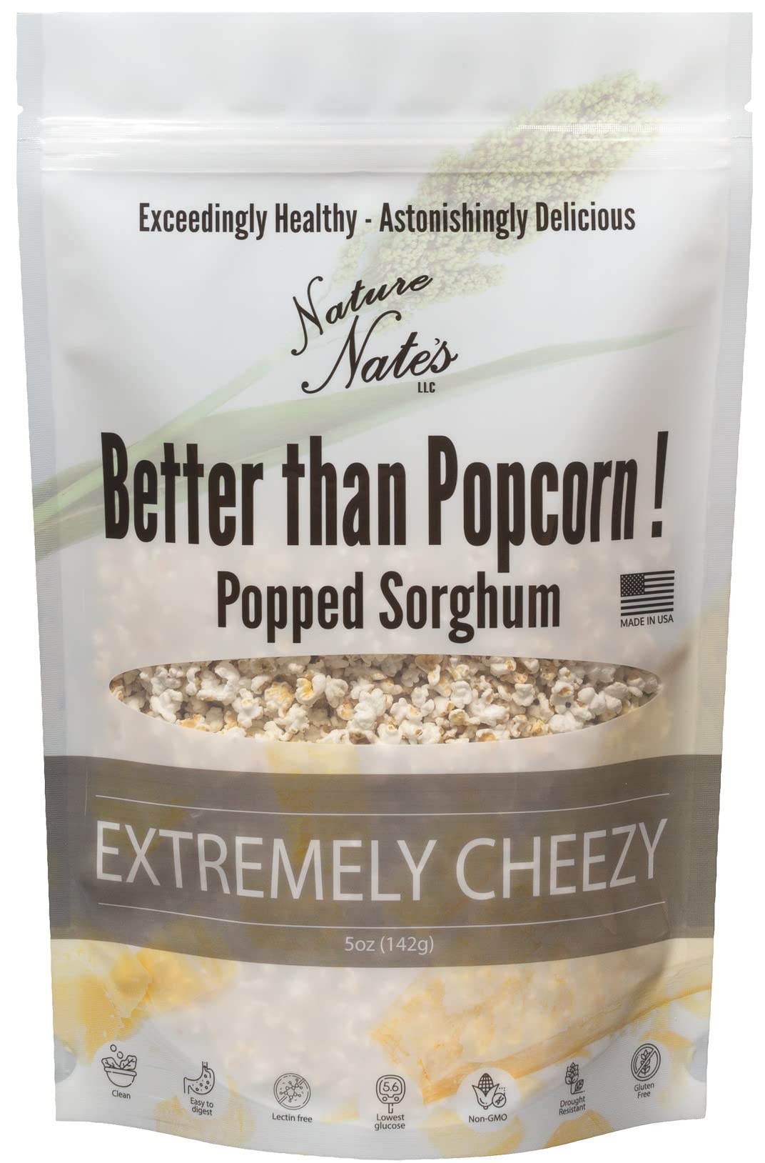 Nature Nate's Extremely Cheezy Popped Sorghum, 5 oz, Popcorn Alternative, Gluten Free Snacks, Celiac-Friendly, Healthy Snacks, Made In USA, Single Bag