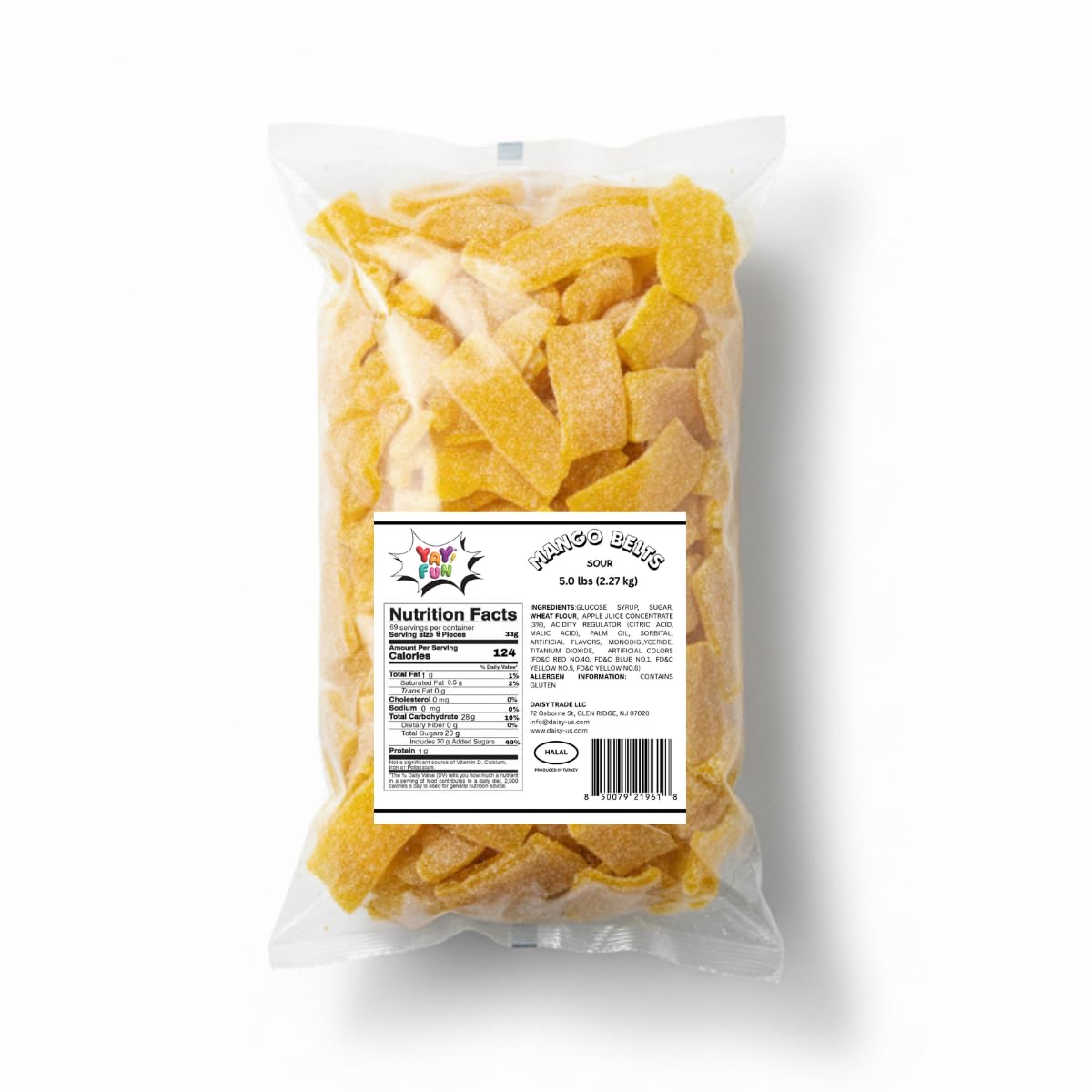 Halal Sour Mini Mango Belts Candy Bulk | 5-Pound Bag of Fruity Mango Candy Gummy, Tangy Halal Sour Candy for Parties, Buffets, Goodie Bags & Dessert