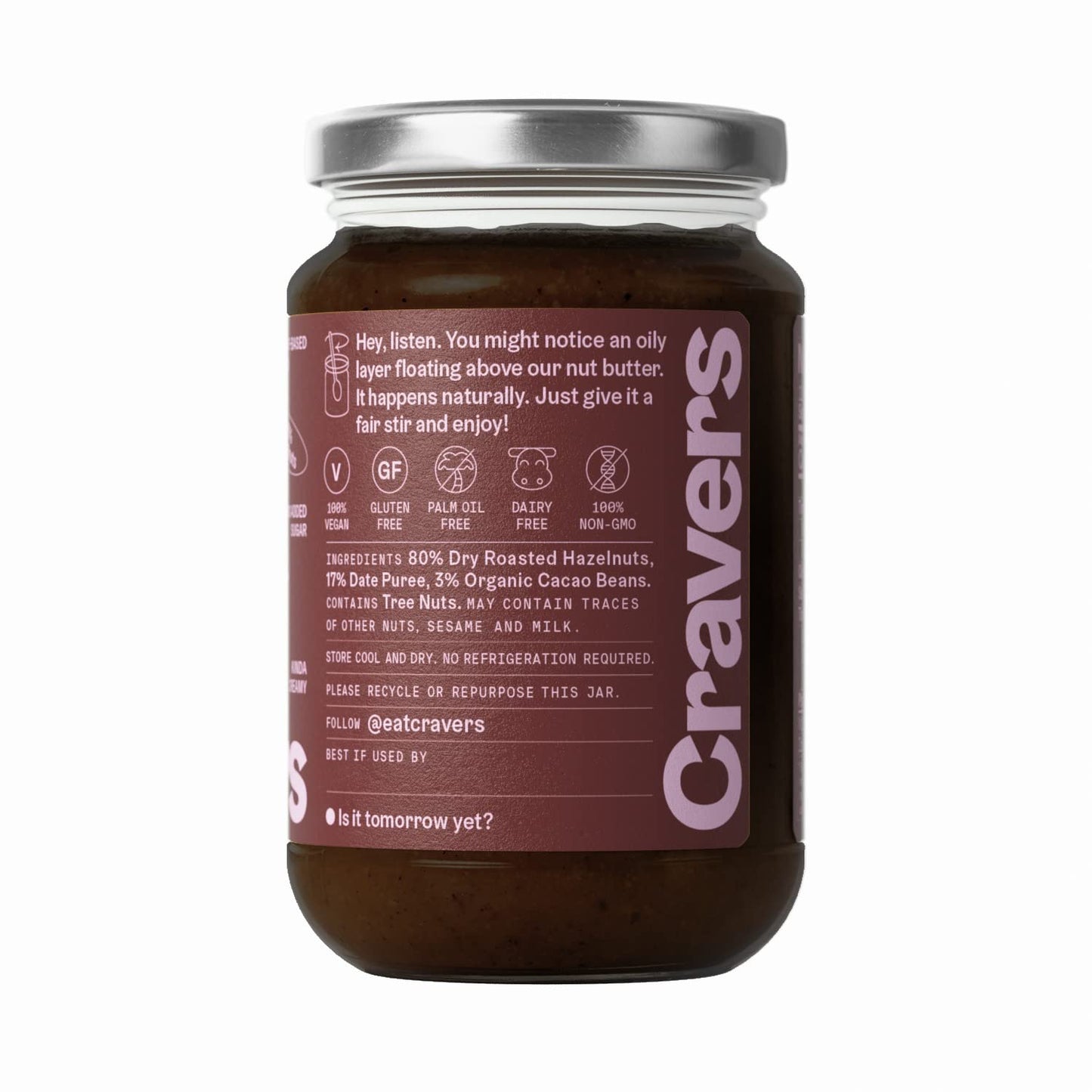 Cravers Cacao Hazelnut Spread - 80% Hazelnut - No Refined Sugar, Vegan, Palm Oil Free & Non-GMO, Creamy Chocolate Spread | 12 oz Jar | Plant Based