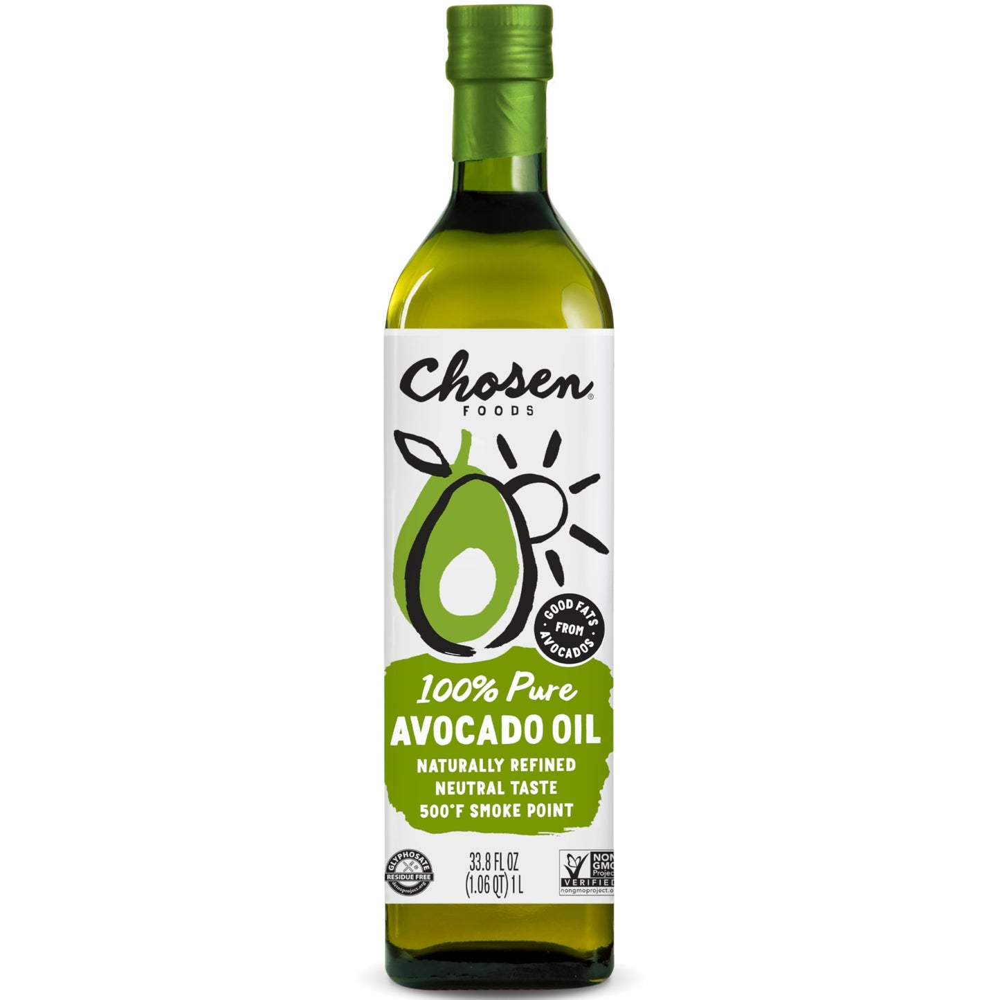 Chosen Foods Avocado Oil, 1 Liter - All Purpose Cooking Oil made from 100% Pure Avocados - Non-GMO, Gluten-Free, Keto Friendly, Glyphosate Free - 33.8 Fl Oz (Pack Of 1)