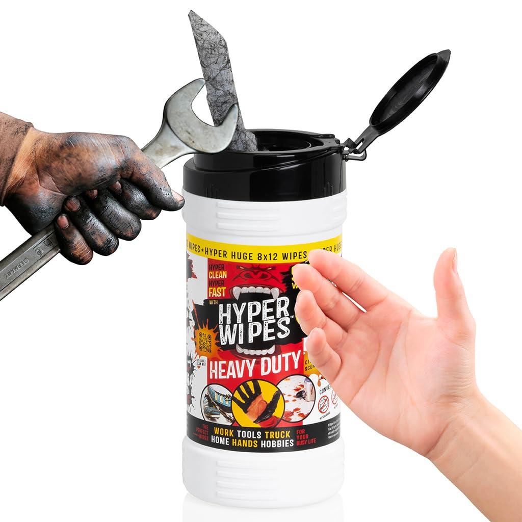 Hyper Wipes, 6 Pack Heavy Duty Hand & Tool Cleaning Wipes, 8"x12" Size Multi-Surface Cleaning Wipes, Degreasing, All Purpose Cleaner, Bathroom