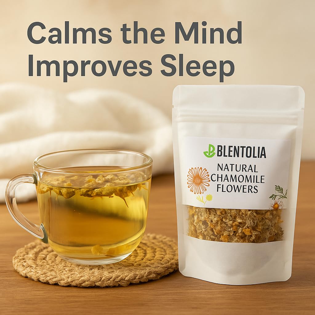 Blentolia Dried Chamomile Flowers - 100% Natural Herbal Tea - Whole Blossoms for Calming Sleep, Relaxation, and Wellness - Caffeine-Free, Non-GMO