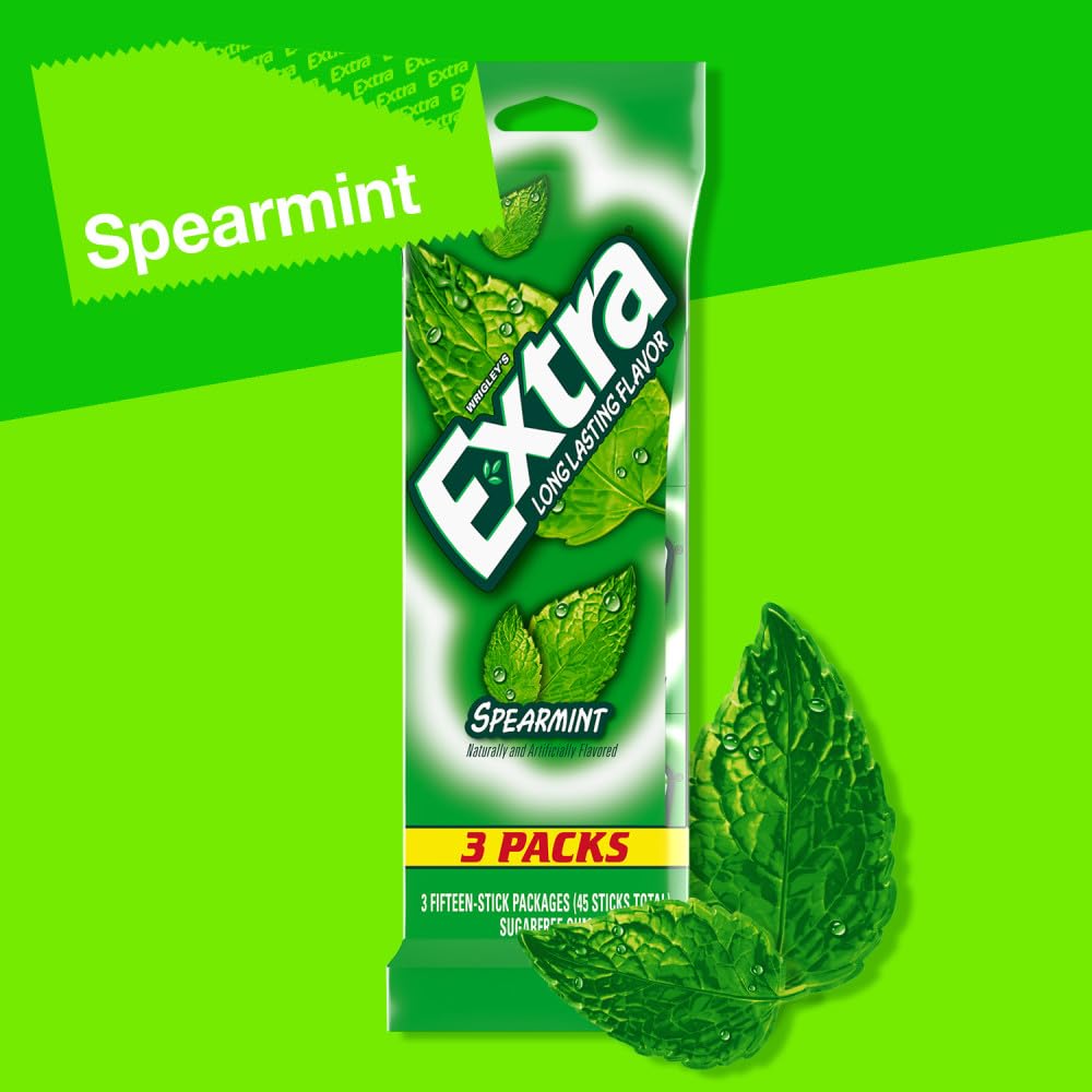 EXTRA Spearmint Sugar Free Chewing Gum, 3 Pack Bulk Gum (45 Sticks Total), Long-Lasting Fresh Breath, Individually Wrapped
