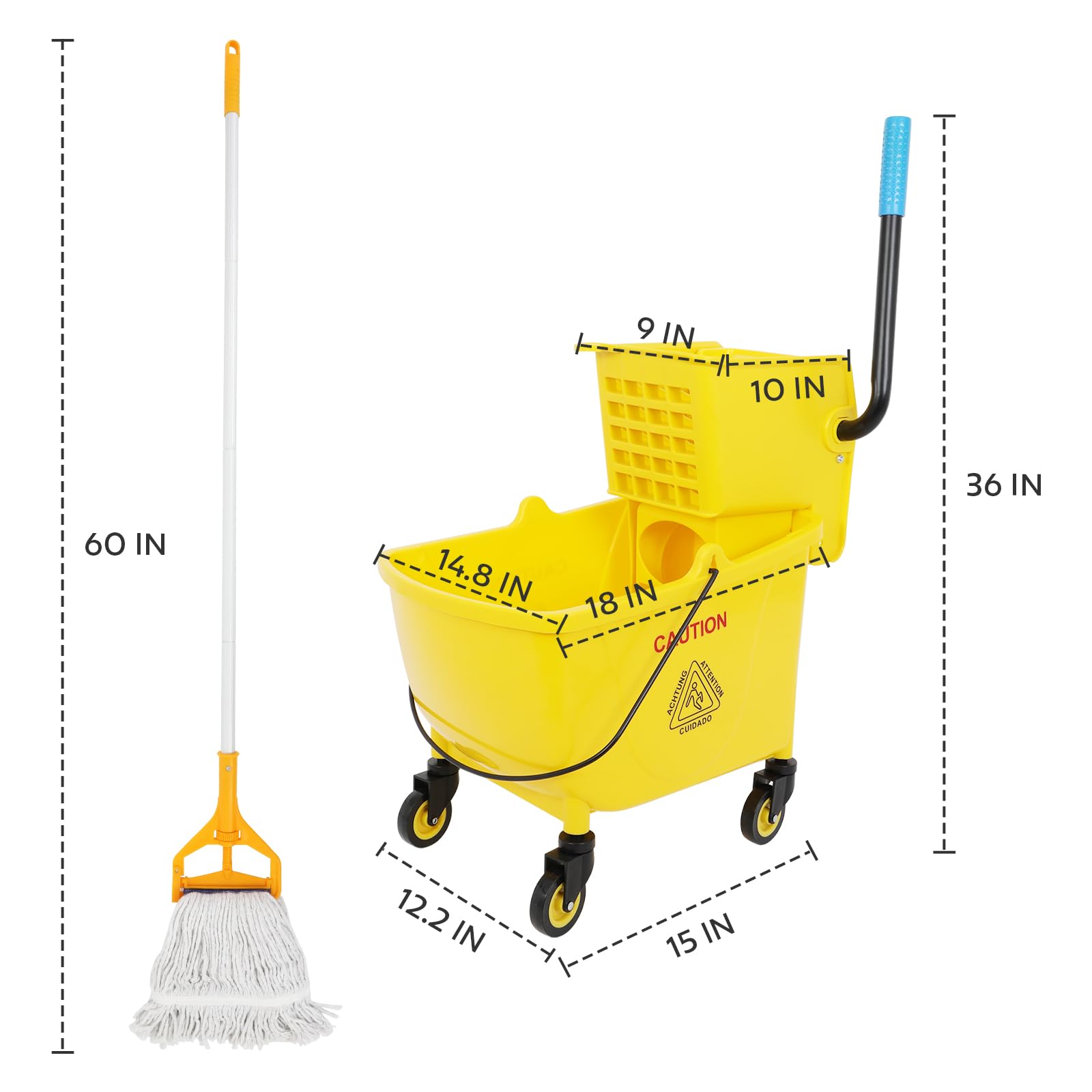 35 Qt Commercial Mop Bucket with Side Press Wringer on Wheels, Mop and Bucket Set, Add One Industrial Mop and One Mop Head Replacement
