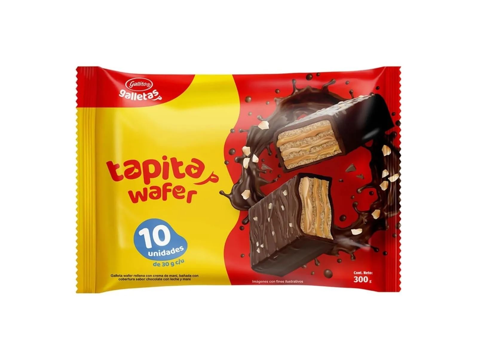 Gallito Tapita Chocolate Covered Peanut Cream Wafer Cookies, - 10 Units per Bag - 300g Each - Costa Rican Snack Favorite - 2 Pack