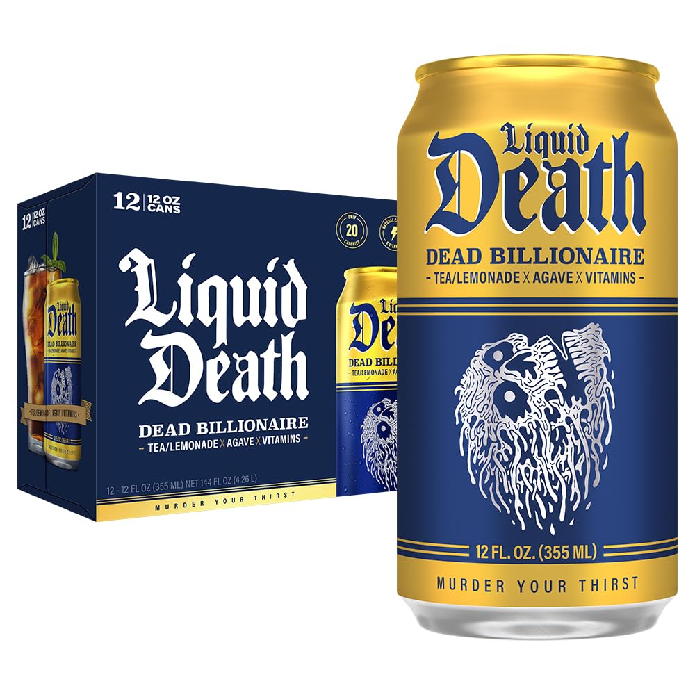 Liquid Death Iced Tea - Dead Billionaire (Black Tea/Lemonade), Less Sugar*, Boost of Caffeine, B Vitamins, No Artificial Sweeteners, 12 Fl Oz (Pack