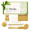 Tieralia Bamboo Dish Brush Gift Set - 5-Piece Kitchen Cleaning Set with Bottle Brush, Round Scrub Brush, Palm Brush & 2 Plant-Based Sponges | Wooden