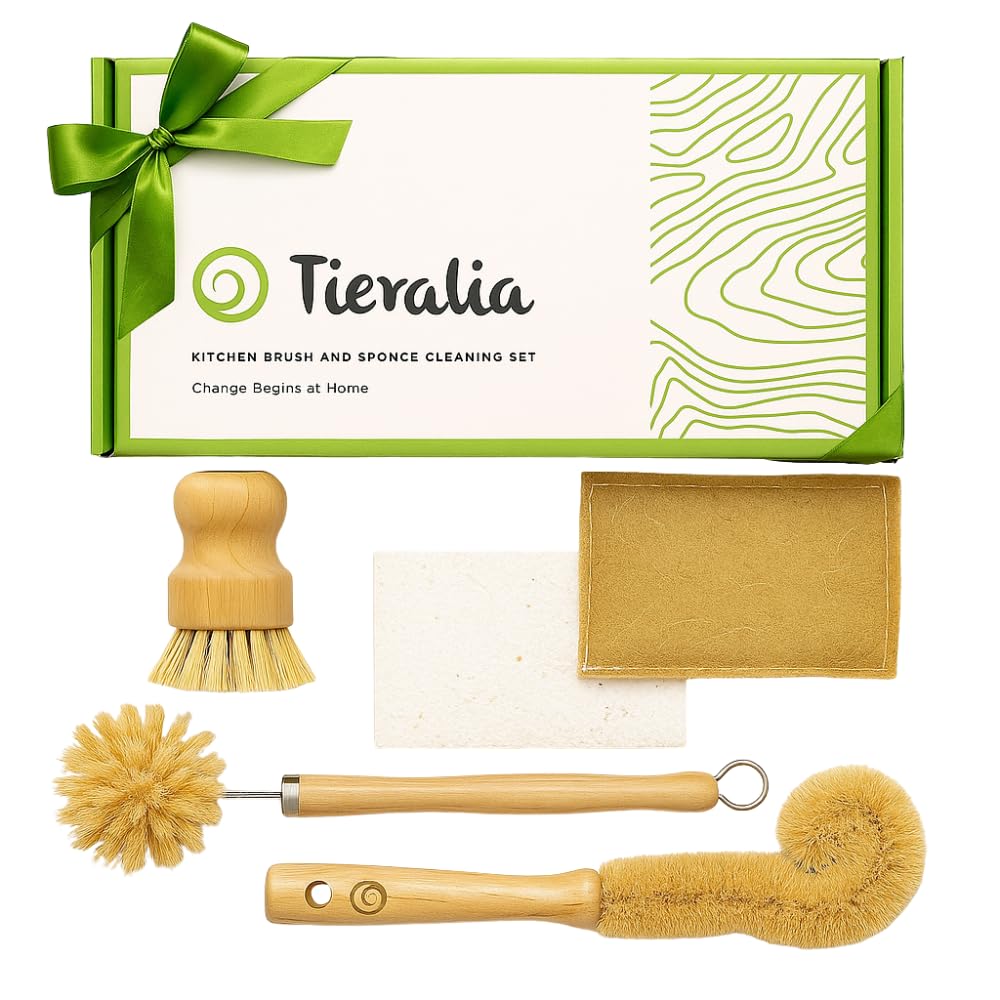 Tieralia Bamboo Dish Brush Gift Set - 5-Piece Kitchen Cleaning Set with Bottle Brush, Round Scrub Brush, Palm Brush & 2 Plant-Based Sponges | Wooden