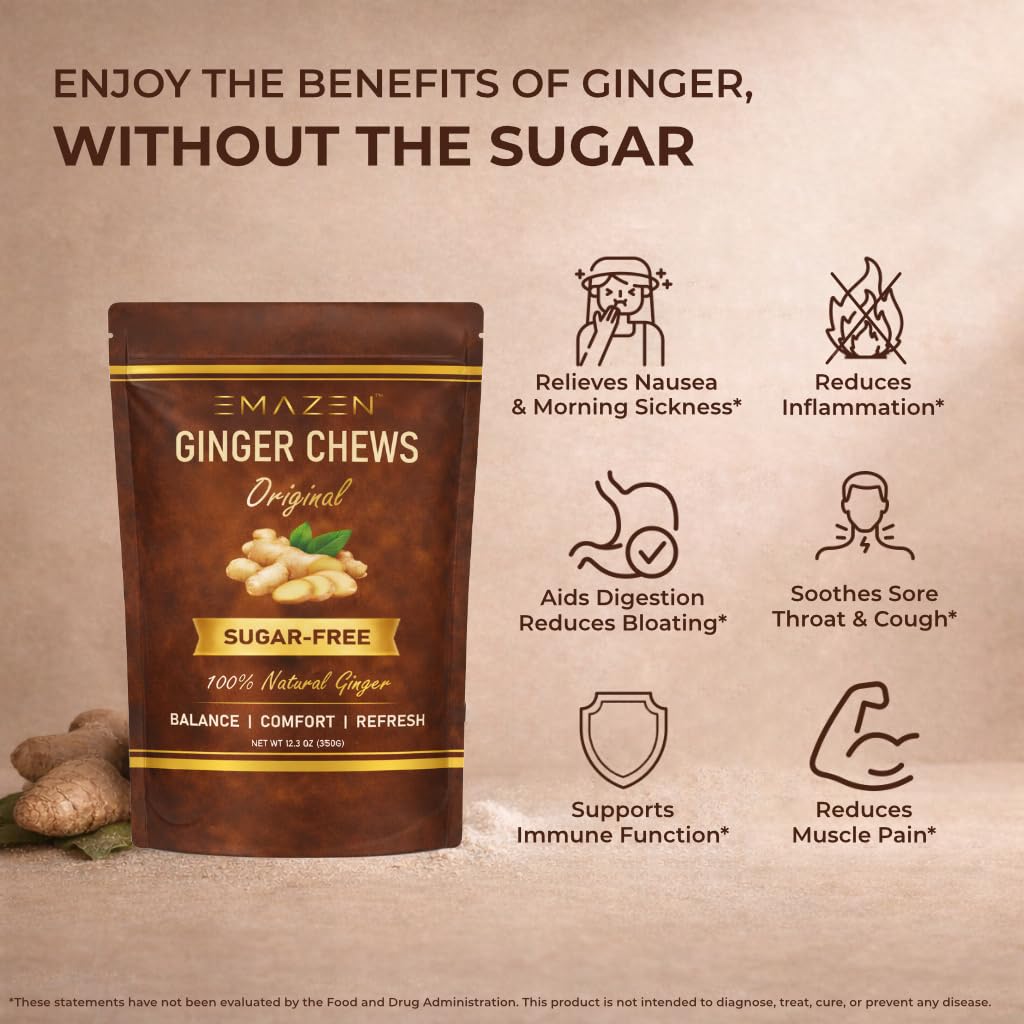 EMAZEN Ginger Chews Sugar Free Ginger Candy for Nausea & Motion Sickness Support Low Calorie, Healthy Snacks Natural Candy 50 Count, 12.3 OZ
