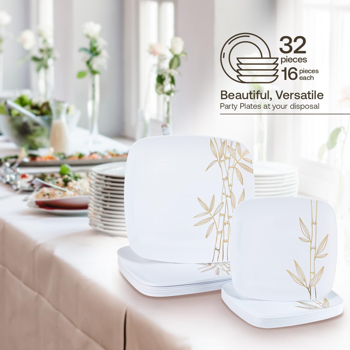 Dining Collection Party Plastic Plates - Bamboo Square - 32 Count- Elegant Premium Durable Combo Pack for Versatile Celebrations (7.5”, 10.25”) 16