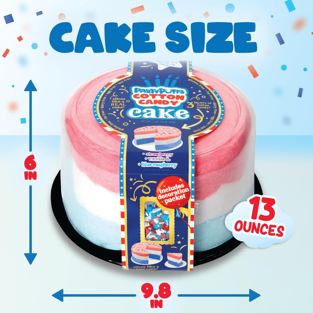 PartyPuffs Jumbo Cotton Candy Cake 13oz - Slices Like Real Cake - Strawberry Vanilla Blue Raspberry - Ready to Serve Gluten-Free Dessert for Birthdays