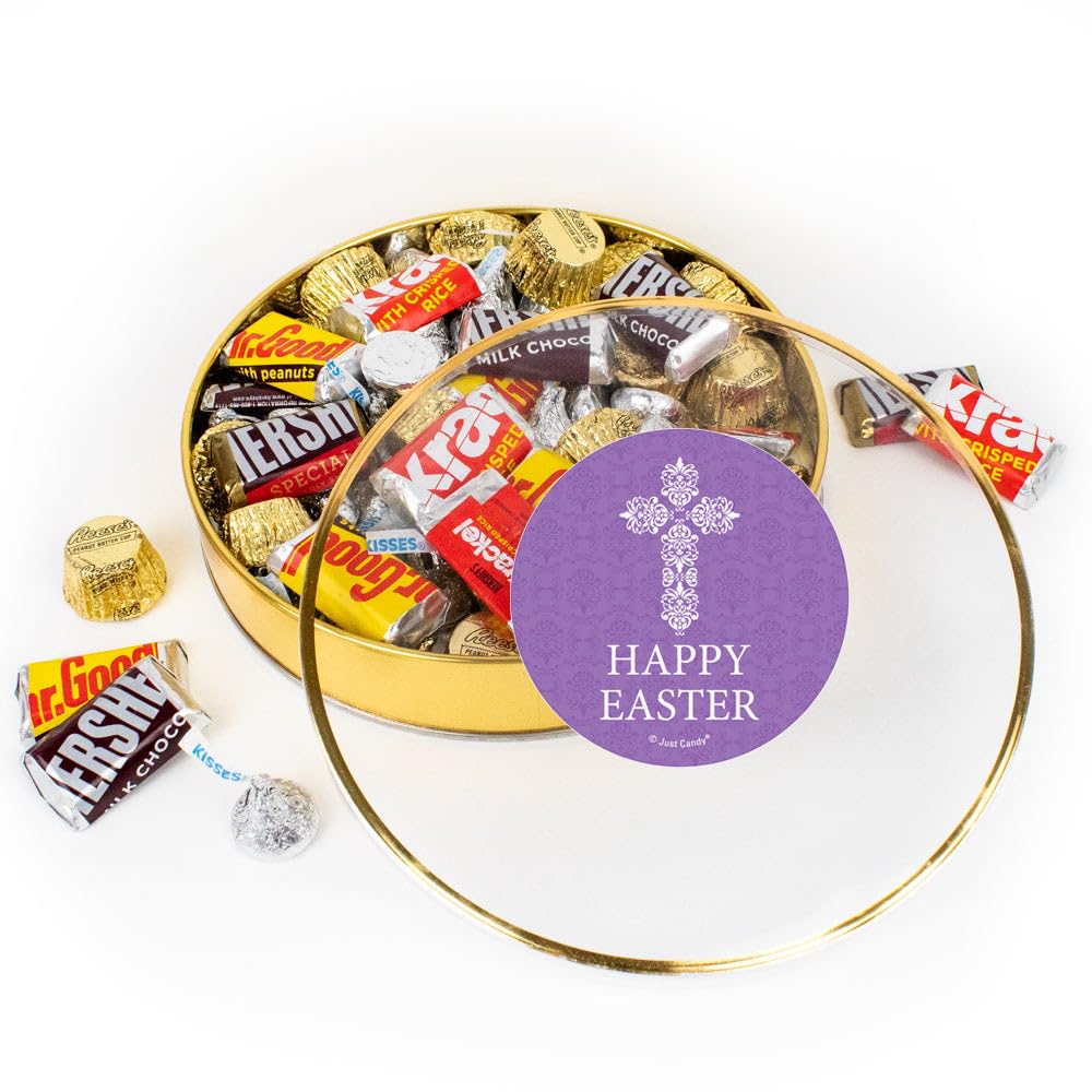 Easter Candy Gift Tin (Plastic Tin with Approx. 1lb Candy, 60 pieces) Kisses Chocolate, Miniatures & Peanut Butter Cups - Purple Cross
