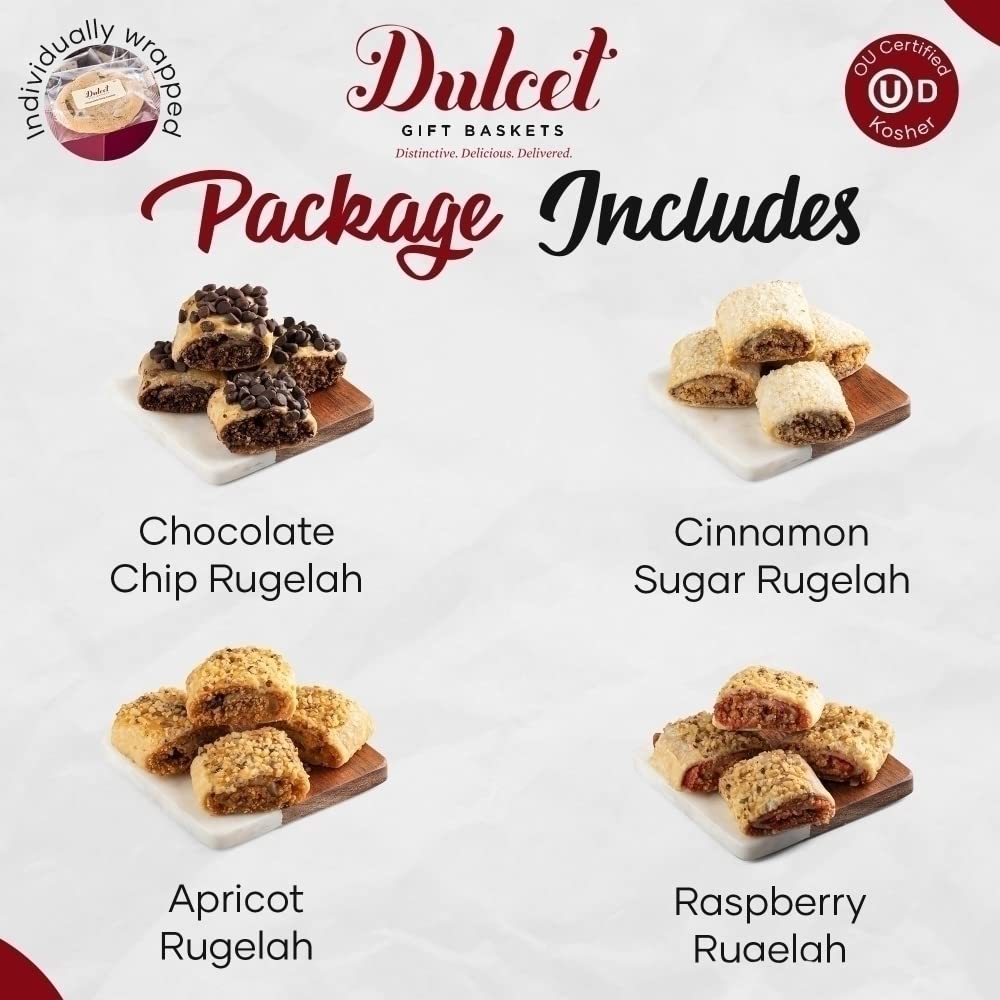 Dulcet Gift Baskets Mothers Day Rugelah Gift Tin - Chocolate Chip, Cinnamon & Raspberry Apricot Flavors for Mom, Women & Family - Personal Note Option