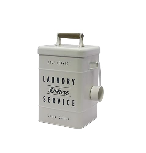 BHG509 Farmhouse Style Decor Laundry Detergent Holder Canister Bin with Scoop, Powder Pods Detergent Laundry Metal Tin Holder Dispenser, Storage