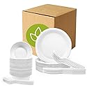 250 PCS Compostable Paper Plates and Utensils Set (EXTRA LONG), White Microwaveable Compostable Dinnerware Set, Disposable Plates, Bowls & Cutlery
