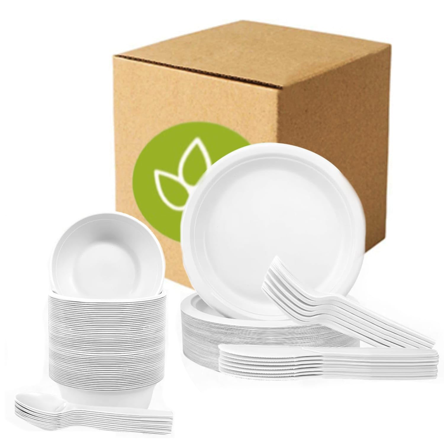 250 PCS Compostable Paper Plates and Utensils Set (EXTRA LONG), White Microwaveable Compostable Dinnerware Set, Disposable Plates, Bowls & Cutlery