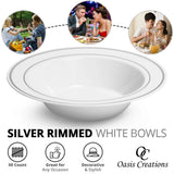 Silver Rimmed White Bowls - 5 ounce - 50 Count - Hard Plastic - Disposable or Reusable - Dessert - Salad - Cereal - Pasta Bowls - Ideal for Weddings