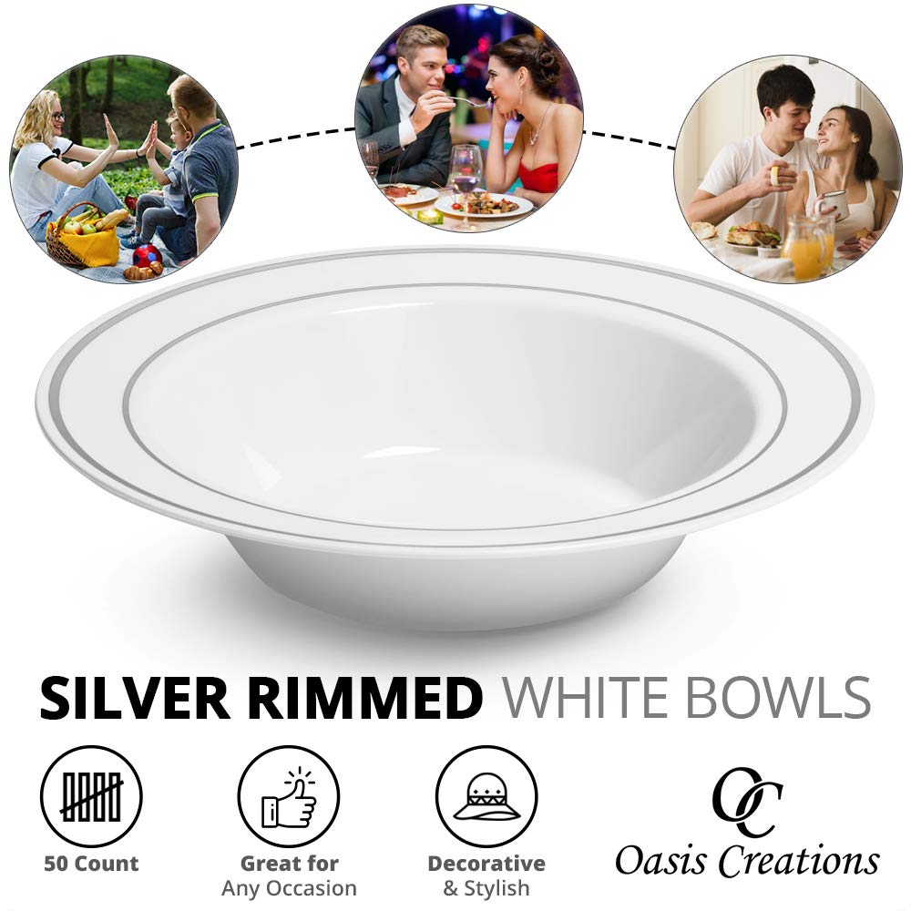 Silver Rimmed White Bowls - 5 ounce - 50 Count - Hard Plastic - Disposable or Reusable - Dessert - Salad - Cereal - Pasta Bowls - Ideal for Weddings