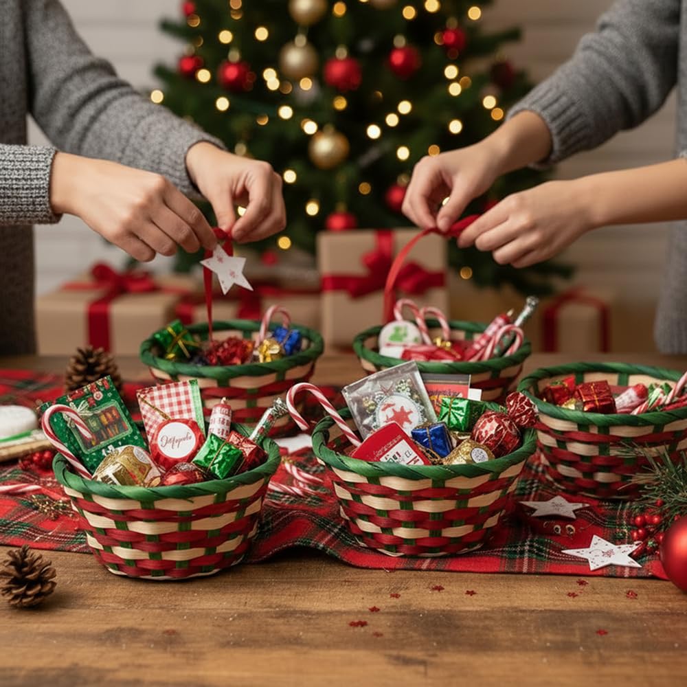 12 Pack Premium Handmade 6" Round Holiday Gift Baskets - Mini Christmas Bamboo Baskets for Holiday Events, Candy, Treats, DIY Gift Sets, Party Favors