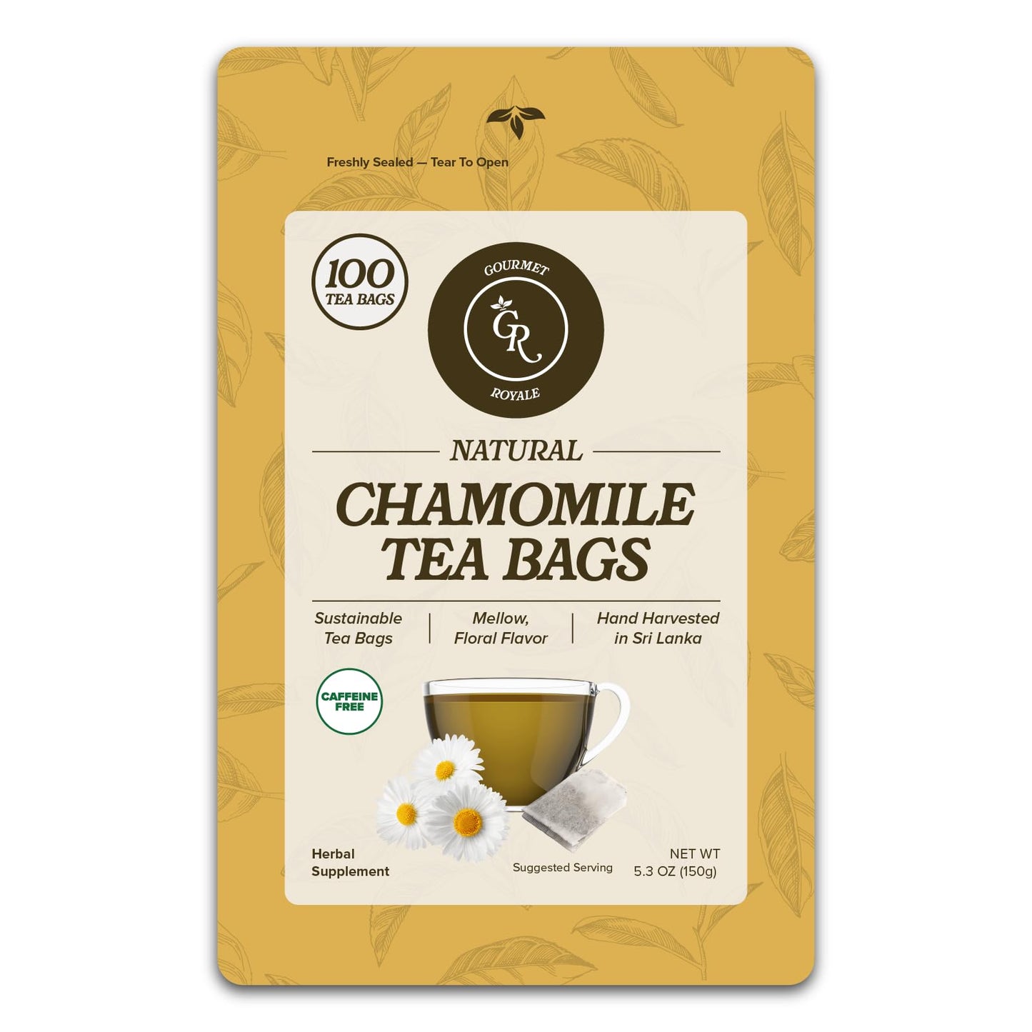 Gourmet Royale Chamomile Tea, 100 Count, Sustainable Tea Bags, Caffeine & Sugar Free, Premium Chamomile from Sri Lanka, Resealable Bag, Pure