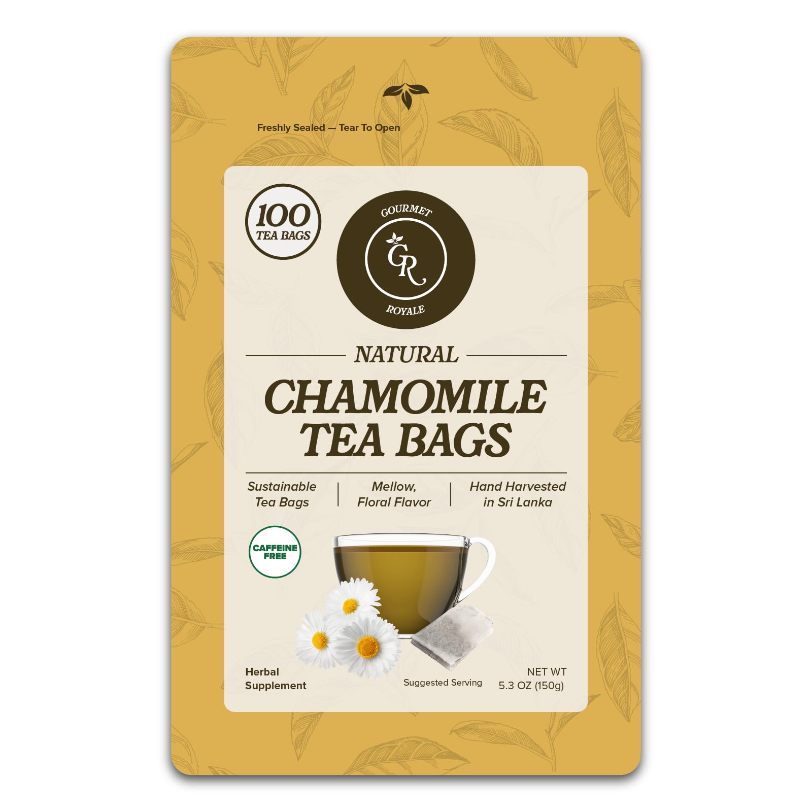 Gourmet Royale Chamomile Tea, 100 Count, Sustainable Tea Bags, Caffeine & Sugar Free, Premium Chamomile from Sri Lanka, Resealable Bag, Pure