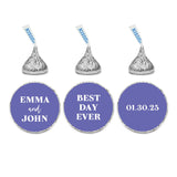 Andaz Press Personalized Very Peri Periwinkle Blue Wedding Collection, Custom Chocolate Drop Label Stickers, Best Day Ever, Custom Name Date Thank You