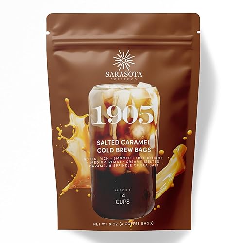 Sarasota Coffee 1905 Cold Brew Coffee Bags | Salted Caramel | Blonde-Medium Roast | Smooth & Low Acid | Ground Filter Packs | Cold Brew Kit Makes 14