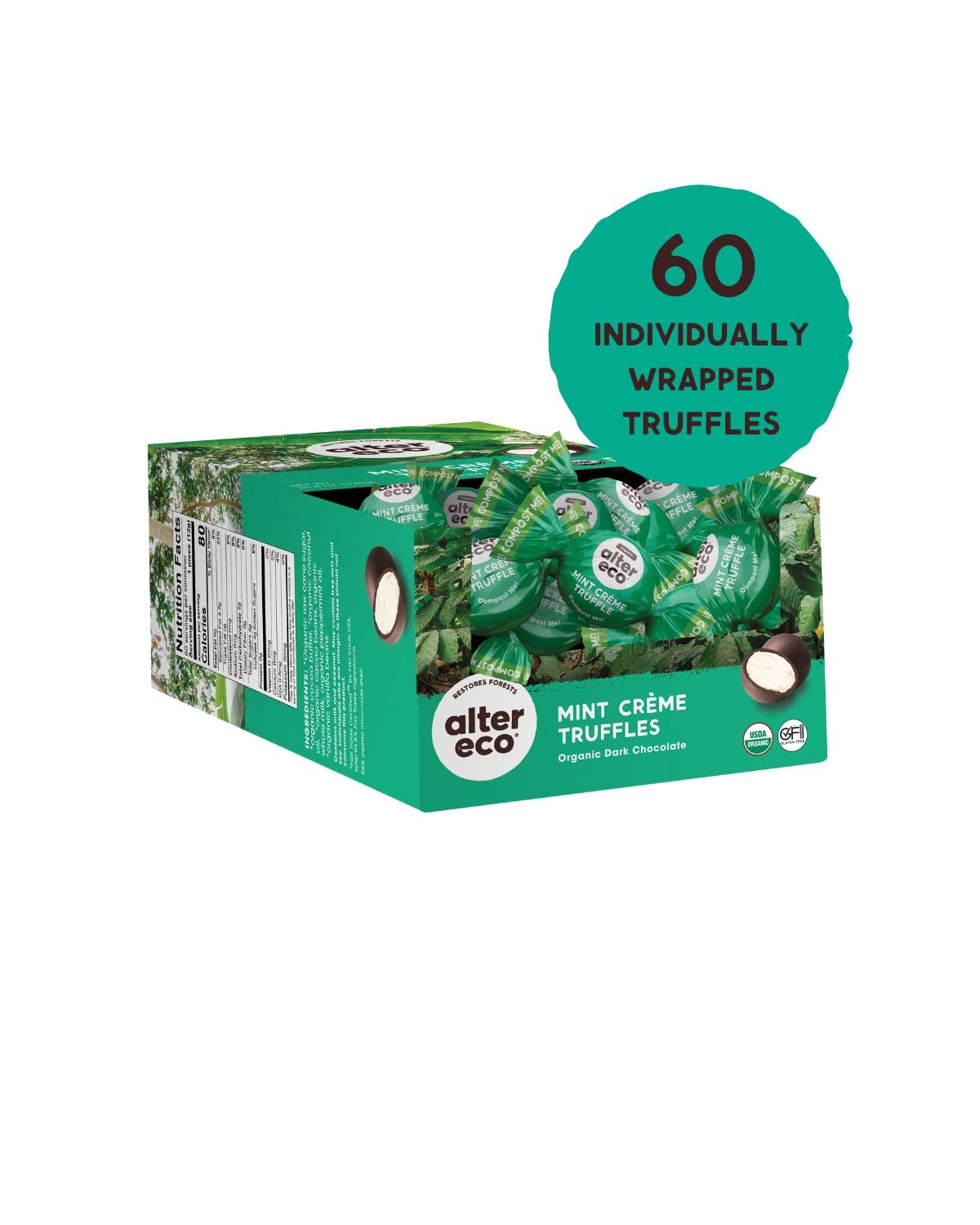 Alter Eco | Mint Creme Truffles | 58% Pure Dark Cocoa, Fair Trade, Organic, Non-GMO, Gluten Free Dark Chocolate Truffles | 60 Truffles