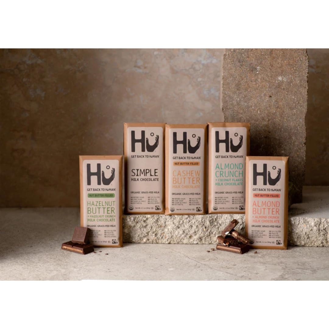 Hu Chocolate Milk Chocolate Bars Variety Pack, 5 Count (Simple, Hazelnut Butter & Hazelnut Crunch, Almond Crunch Coconut Flakes, Almond Crunch