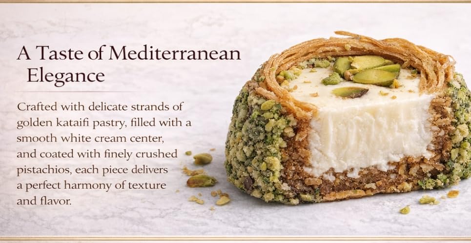 Omniya Crispy Pistachio Kataifi Nest with Cream Filling - Luxury Middle Eastern Dessert with Ashta or White Chocolate Cream Center - Gourmet Gift