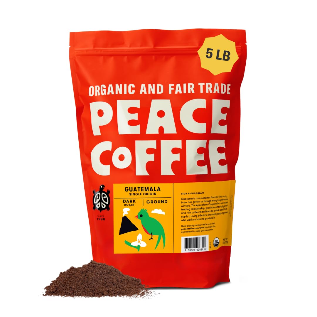 Peace Coffee Guatemala Single Origin Ground Dark Roast Coffee, 5 lb, Organic Fair Trade, Smooth, Deep Flavor, Shade Grown, Fresh Roasted