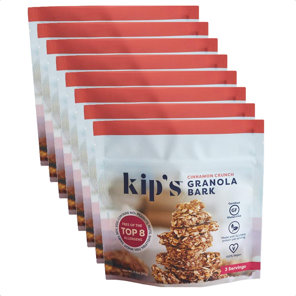 8-Pack Kip's Cinnamon Crunch Granola Bark Snack Packs, Free of Top 8 Allergens, Vegan, Gluten Free (Eight 3.2oz Bags)
