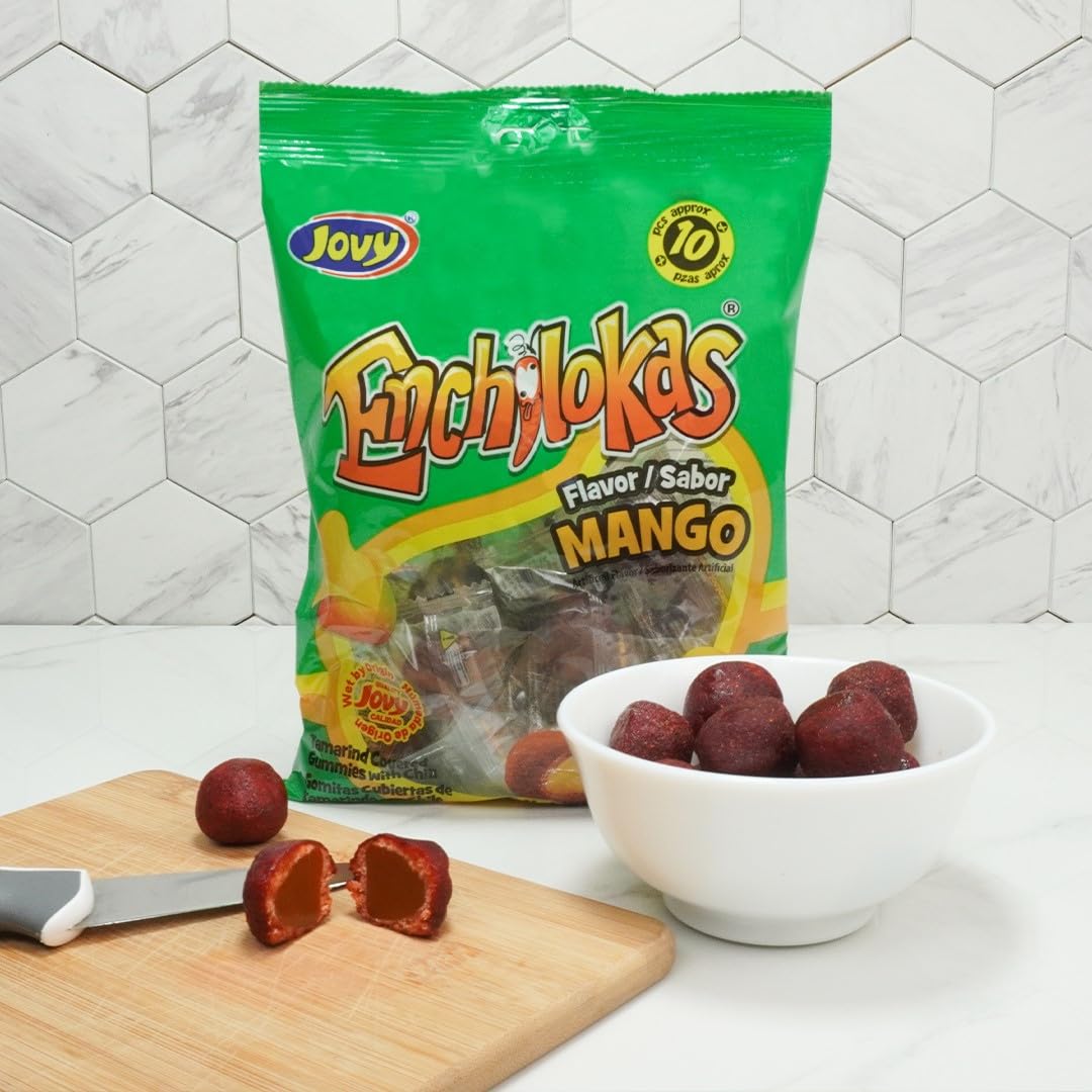 Jovy Enchilokas Candy. Mango Flavored Tamarind Covered Gummies With Chili. Net wt 1-lb 1-oz