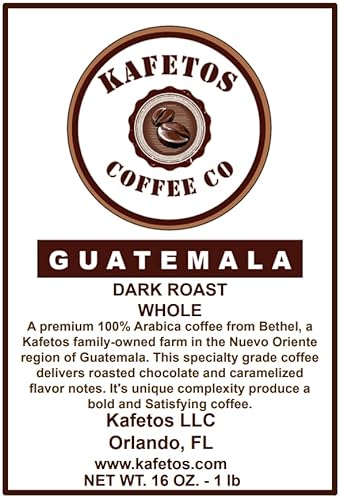 Dark Roast Whole Beans Guatemala Premium Coffee Specialty Grade - Single Estate, Shaded Grown at Kafetos Family Owned Farm 16 oz