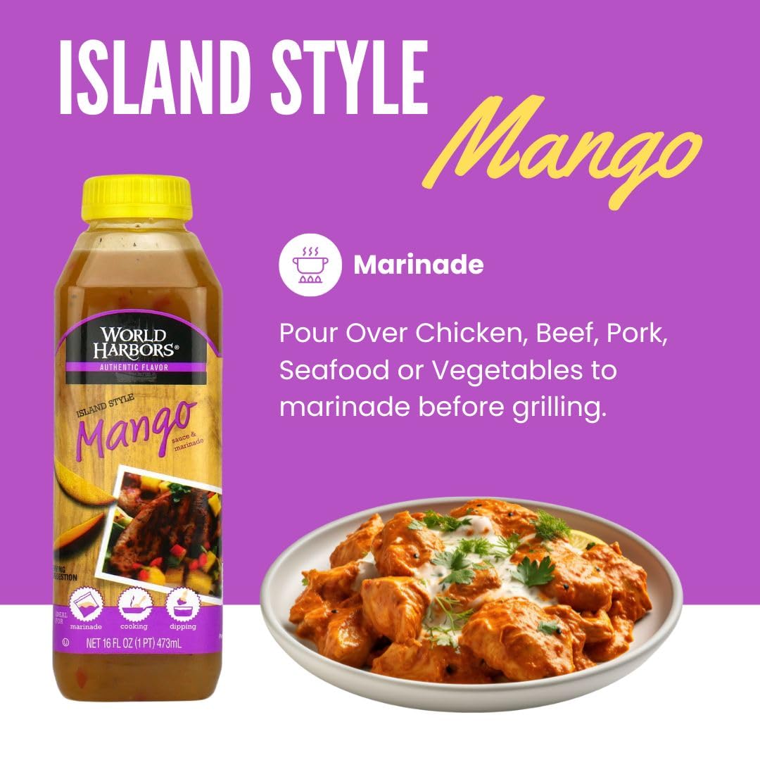 World Harbors Island Mango Sauce & Marinade - Low-Calorie, Sweet & Tangy Perfect Sauce for Chicken, Fish, Beef, Wings, Dipping, Stir-Frying, Salad