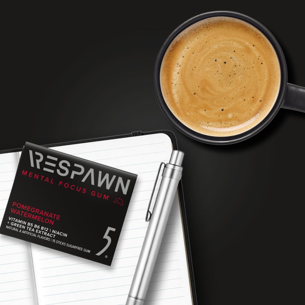 RESPAWN by 5 Gum Mental Focus Gum, Pomegranate Watermelon Sugar Free Chewing Gum, 15 Sticks