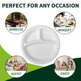 Lxins ECO 10 Inch 3 Compartment Paper Plates ?White 150 Pack?, Compostable Divided Plates, 100% Sugarcane Bagasse, Heavy Duty Disposable Plates