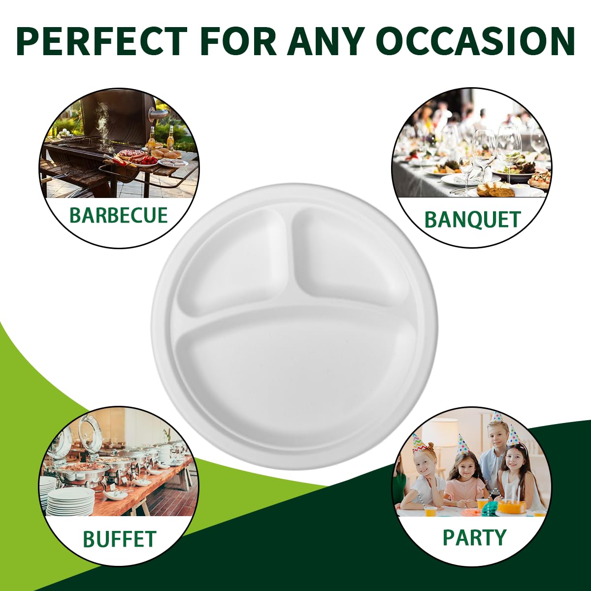 Lxins ECO 10 Inch 3 Compartment Paper Plates ?White 150 Pack?, Compostable Divided Plates, 100% Sugarcane Bagasse, Heavy Duty Disposable Plates
