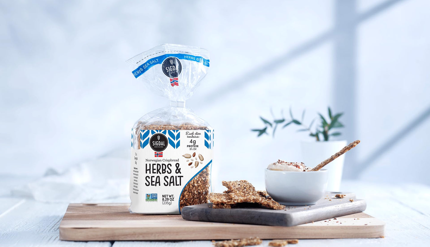 Sigdal Bakeri Herbs & Sea Salt Norwegian Wholegrain Crispbread | All Natural Non-GMO, 8.29 oz (235g) (Pack of 4)