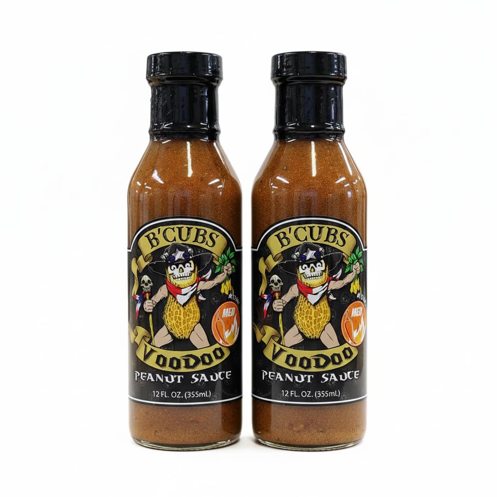 B'Cubs® Voodoo Peanut Sauce MEDIUM Bold, Nutty, Sweet with a Spicy Kick, Versatile Dip, Drizzle, Marinade & Stir Fry 2 Pack (2 x 12oz Glass Bottles)
