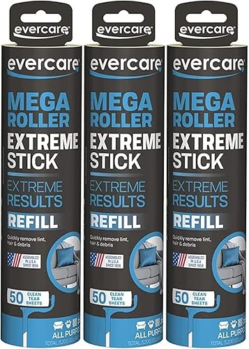 evercare Pet Mega Extreme Surface Coverage 50 Layer Lint Roller Refill for Cleaning Debris Off of Clothes and Furniture, 3 Pack