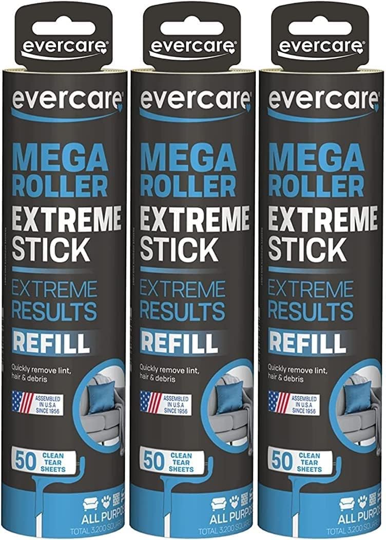 evercare Pet Mega Extreme Surface Coverage 50 Layer Lint Roller Refill for Cleaning Debris Off of Clothes and Furniture, 3 Pack