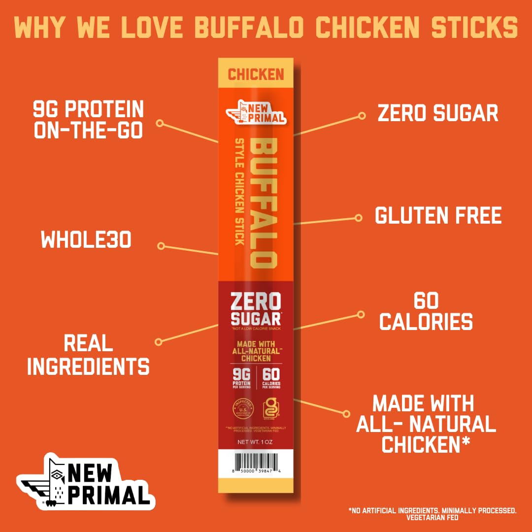 The New Primal All Natural Chicken Stick, Buffalo Style - Keto & Gluten Free Healthy Snacks for Adults, Sugar Free Low Carb, Paleo Meat Stick - 9g