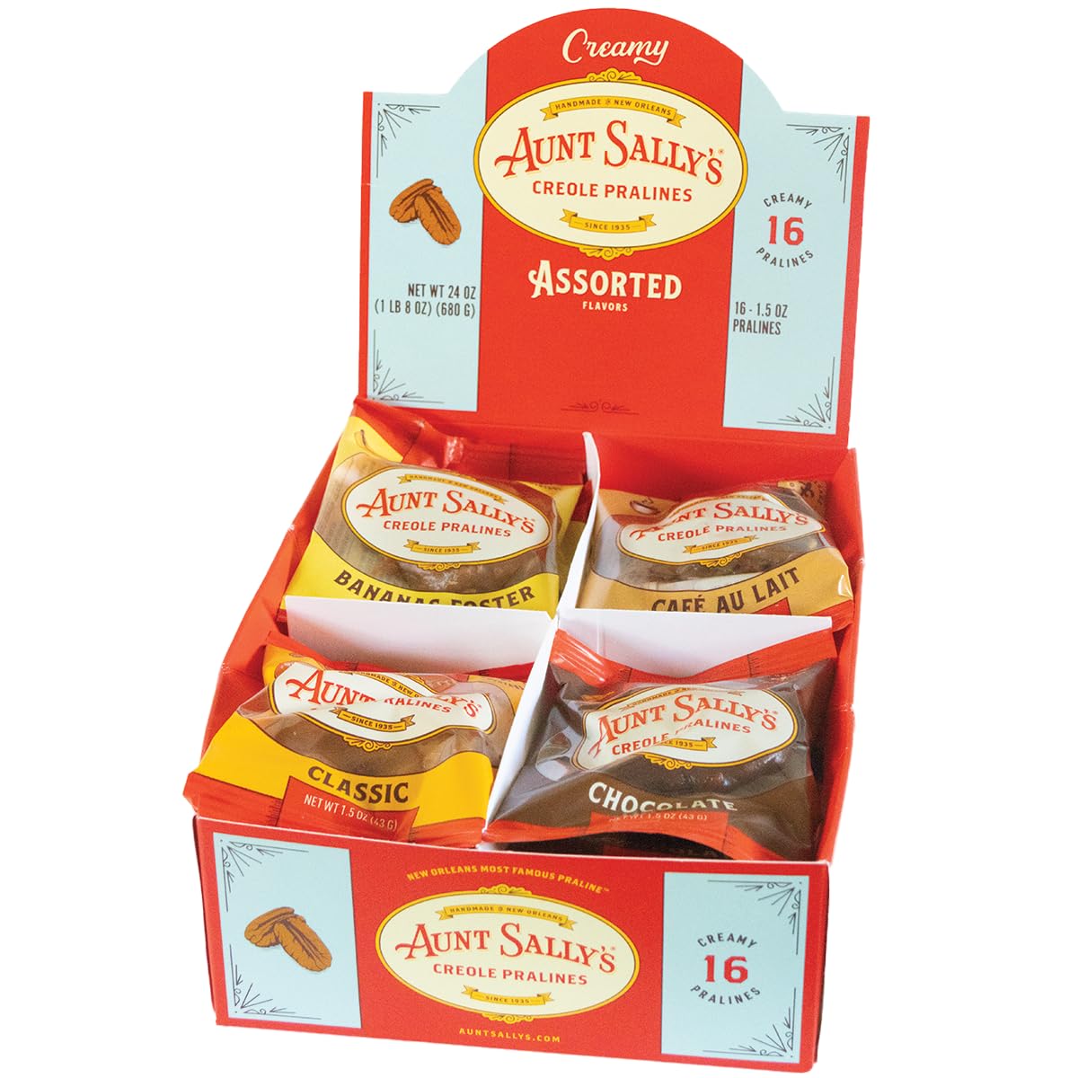 Aunt Sally's Creamy Assorted Pralines- 16 count box- New Orleans Most Famous Praline- Handmade Pecan Candy